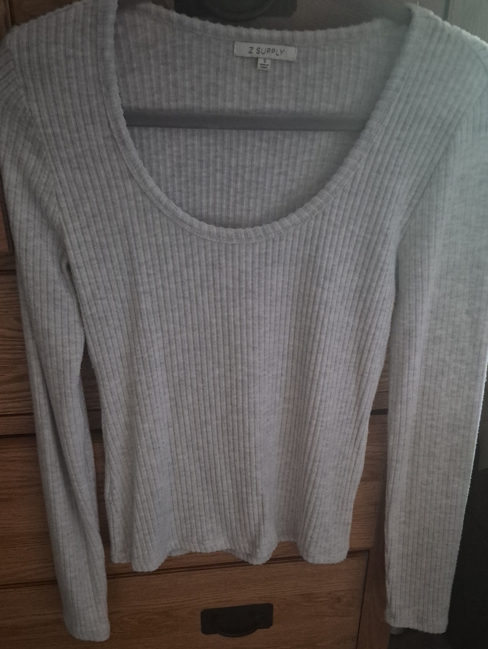Z Supply Light Grey Ribbed Scoop Neck Long Sleeve Top